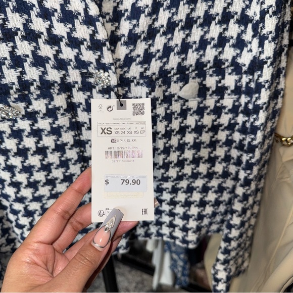 Zara Navy And White Houndstooth Tweed Cropped Jacket Jewel Buttons Womens XS NWT - Picture 4 of 8